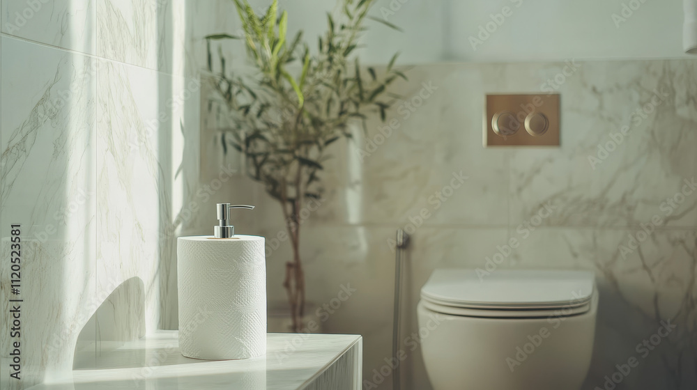 Fototapeta premium Practical Elegance: Holder with Soft Toilet Paper Roll in Bathroom