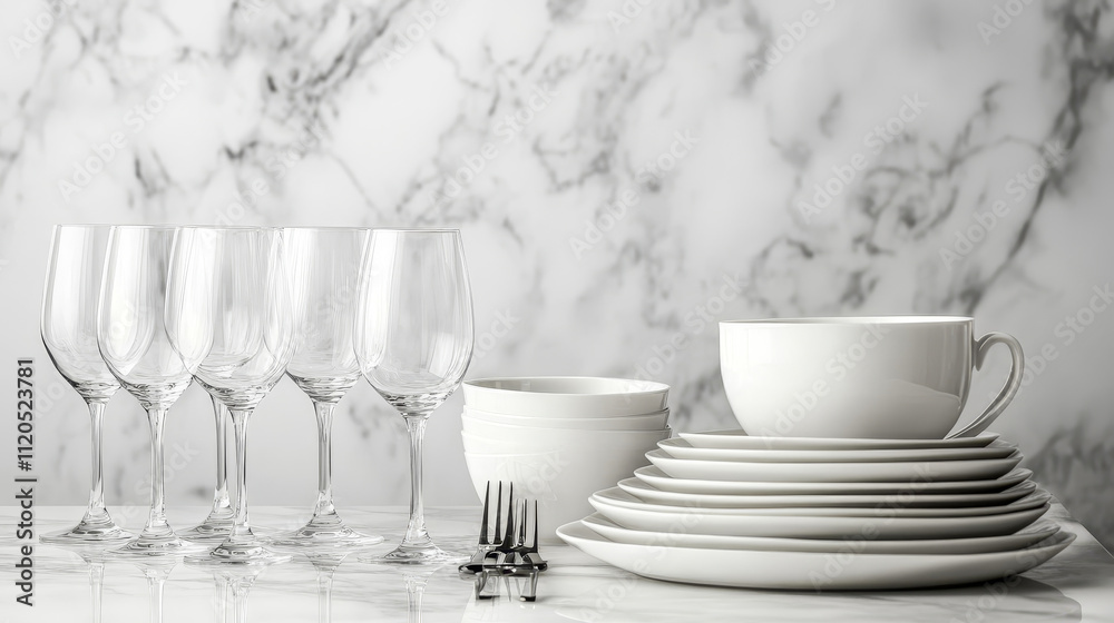 Elegant Collection: Clean Dishware and Cups on White Marble Table Elegant Collection: Clean Dishware and Cups on White Marble Table