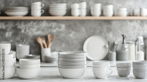 Elegant Collection: Clean Dishware and Cups on White Marble Table