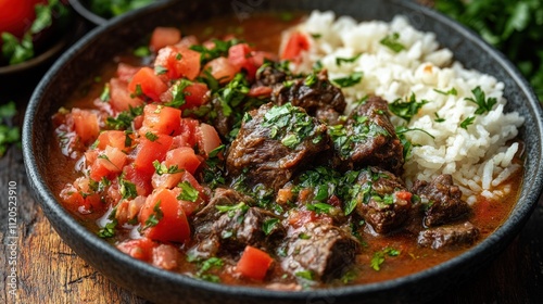 Beef stew with rice and tomato salsa.