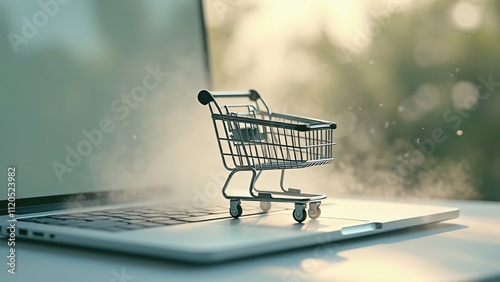 Minimalist Shopping Cart on Laptop Keyboard, Surreal Online Retail Scene