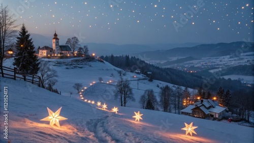 A picturesque scene unfolds with a hilltop vantage point overlooking the village below blanketed in snow and illuminated by lanterns. From this height the ling lights resemble