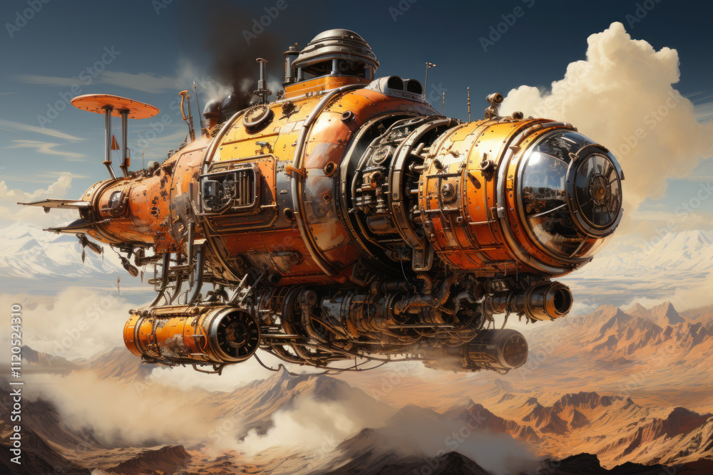 a large steampunk ship floating in the air above a mountainous landscape. a large steampunk ship floating in the air above a mountainous landscape.