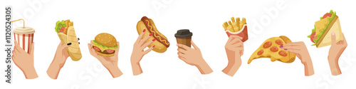 Hands holding fast food items such as burgers, pizza, and fries in a flat style on a white background. Concept of junk food and snacks. Vector illustration.