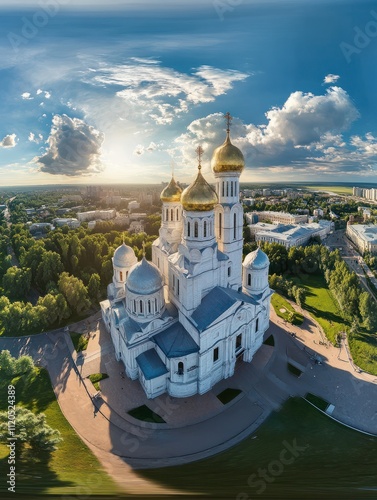 Russia, Vladimir. Dormition Cathedral in Vladimir (Assumption Cathedral) Cathedral of the Vladimir Metropolitanate of the Russian Orthodox Church. Aerial view. Panorama 360