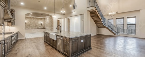 A luxurious open-concept kitchen and living room with a large island, farmhouse sink, hardwood floors, and a staircase leading to the upper levels photo