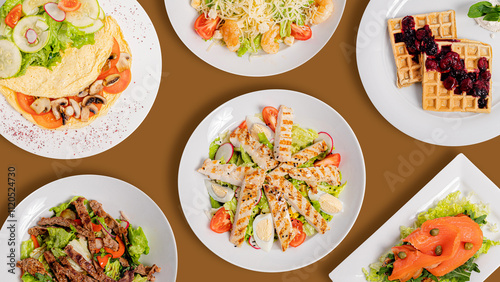 Food assortment on brown background. Chicken caesar salad, Caesar salad, beef salad, waffles, smoked salmon salad, Omelette with tomatoes and mushrooms photo