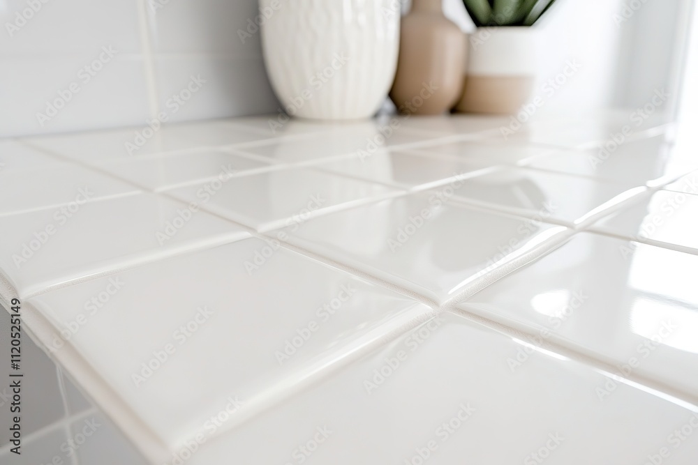 Clean white ceramic tile surface with vase and plant decor. Clean white ceramic tile surface with vase and plant decor.