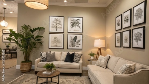 A gallery wall featuring monochromatic prints and framed artworks that evoke a sense of calm within a softtoned living area. photo