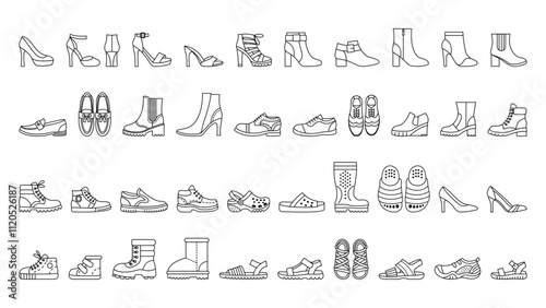 Collection of different shoe icons in outline style on a white background, showcasing a variety of footwear styles. Vector illustration