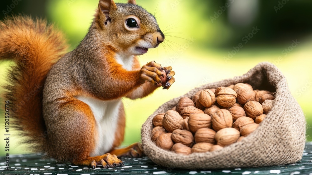 Squirrel eating nuts from burlap sack on table outdoors