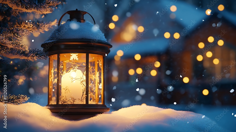 A Christmas lantern on snow, generated with AI to create a festive and cozy scene. A Christmas lantern on snow, generated with AI to create a festive and cozy scene.