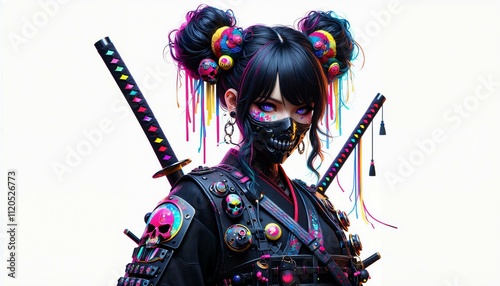 anime girl with black hair in a black mask with two katanas behind her back photo