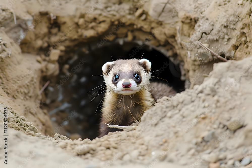 Fototapeta premium Curious Ferret Peeking Out of a Burrow