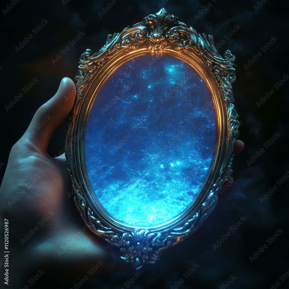 Obraz premium Hand holding ornate mirror reflecting nebula.