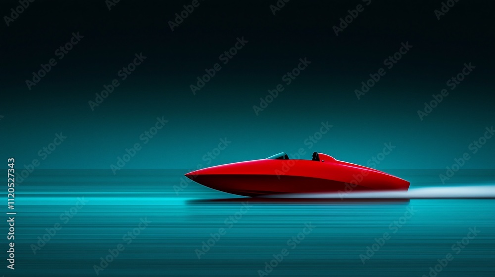 Sleek red speedboat gliding on dark teal water.