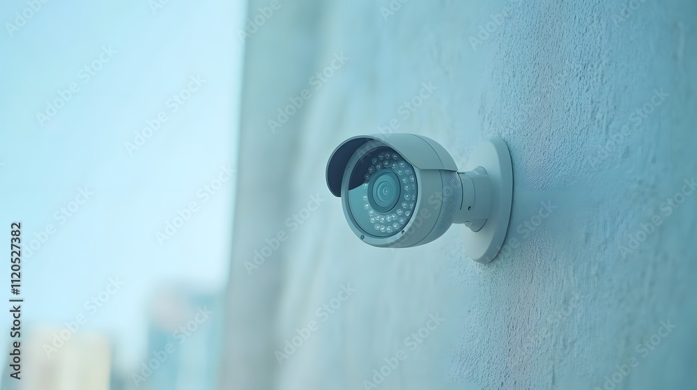 A close-up of an outdoor white security camera mounted on the side wall, A close-up of an outdoor white security camera mounted on the side wall,