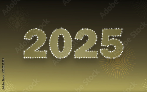 Happy new year 2025 golden text design. New Year's background for creating cards, posters, congratulations. Black and gold festive background with glowing stars.