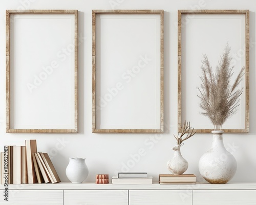 Three blank frames with a wooden frame on a white wall with a white shelf. books. vases. and dried pampas grass