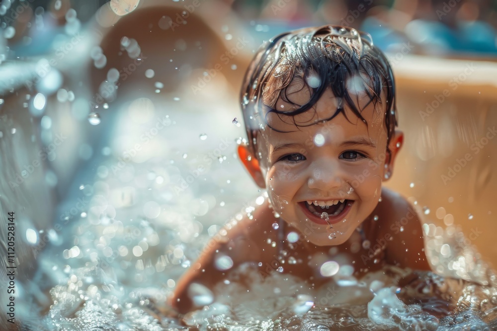 Child smiling underwater in a pool, enjoying water splashes. Concept of joy and childhood play. For summer-themed promotions and family activities Child smiling underwater in a pool, enjoying water splashes. Concept of joy and childhood play. For summer-themed promotions and family activities