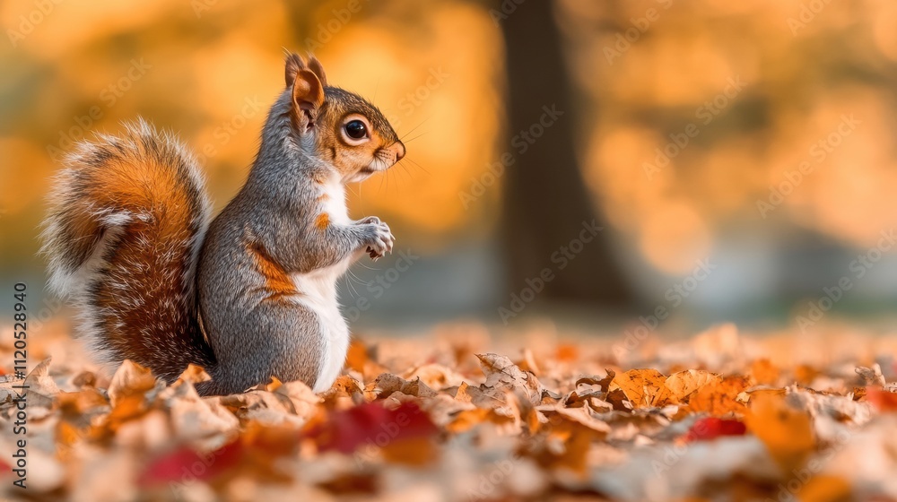 Squirrel standing on fallen autumn leaves in a park Squirrel standing on fallen autumn leaves in a park