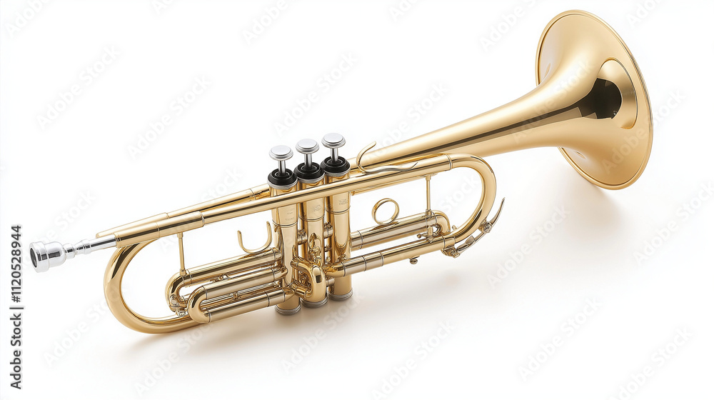 Polished Gold Trumpet on White Background - Elegant Musical Instrument for Band and Orchestra Polished Gold Trumpet on White Background - Elegant Musical Instrument for Band and Orchestra