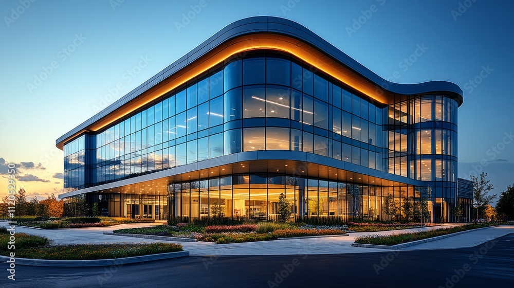 Modern glass office building at dusk, illuminated exterior, landscaping.