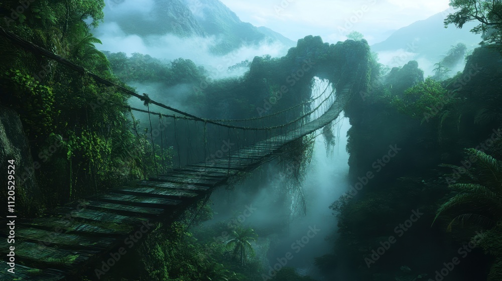 Fototapeta premium Rope bridge crossing misty jungle valley in tropical rainforest