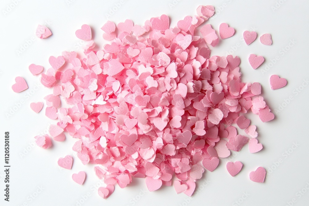 Pink paper hearts confetti overlaying a soft pastel background for festive designs Pink paper hearts confetti overlaying a soft pastel background for festive designs
