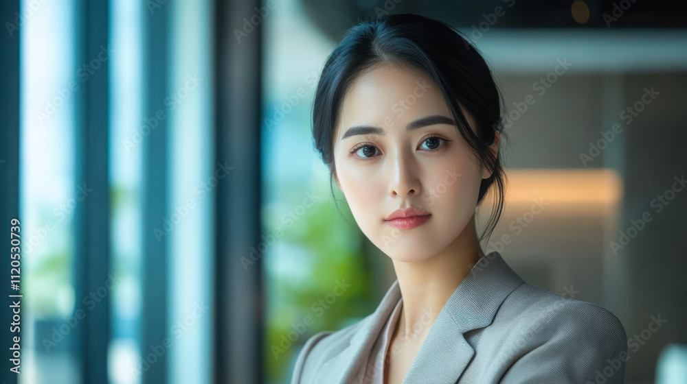 Young professional woman in a modern office setting with natural light during the day, exuding confidence and poise while looking at the camera