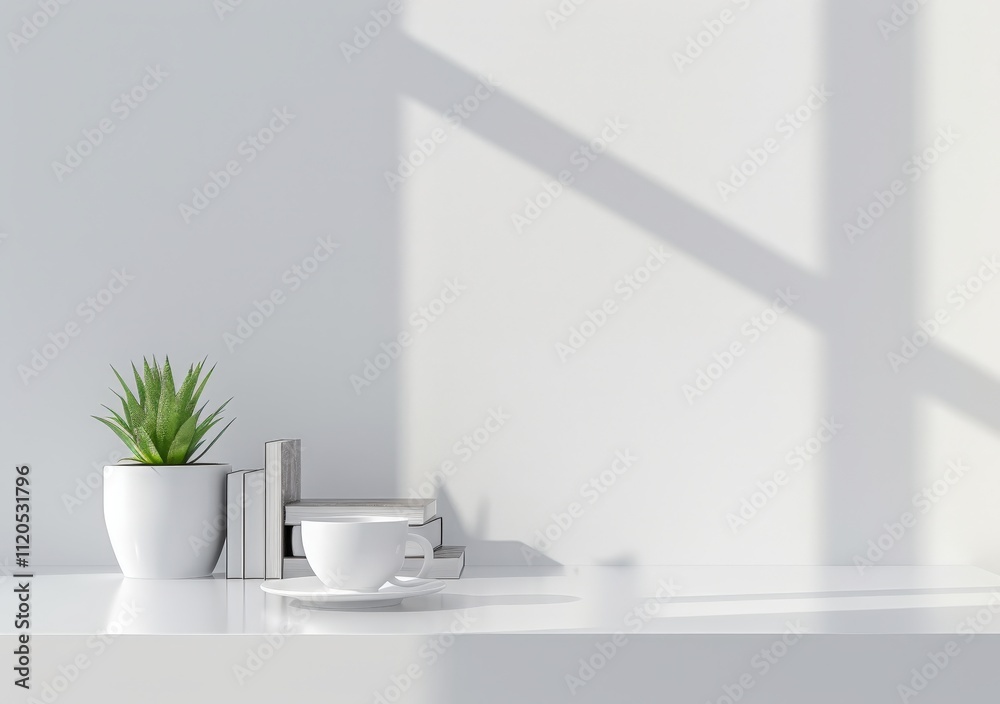 White minimalist desk with a plant. books. and a cup of coffee against a white wall with sunbeams White minimalist desk with a plant. books. and a cup of coffee against a white wall with sunbeams