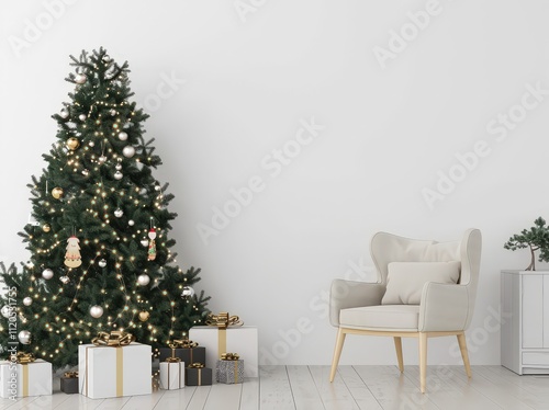 A white living room with a decorated Christmas tree. presents under it. an armchair with a cushion. and a small bonsai tree