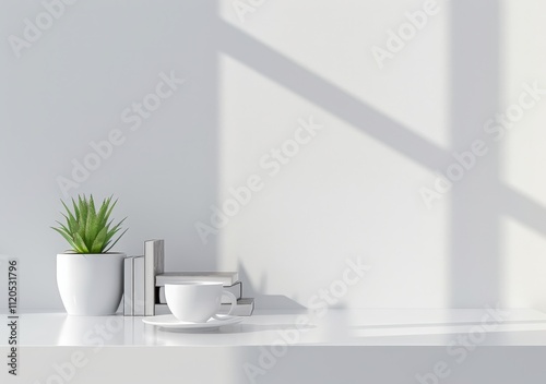 White minimalist desk with a plant. books. and a cup of coffee against a white wall with sunbeams