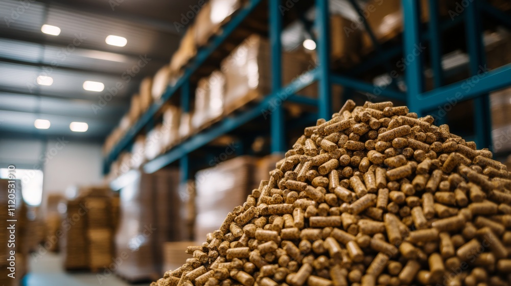 This close-up view showcases a pile of wood pellets, highlighting their uniform shape with soft lighting against a blurred warehouse backdrop for added depth This close-up view showcases a pile of wood pellets, highlighting their uniform shape with soft lighting against a blurred warehouse backdrop for added depth