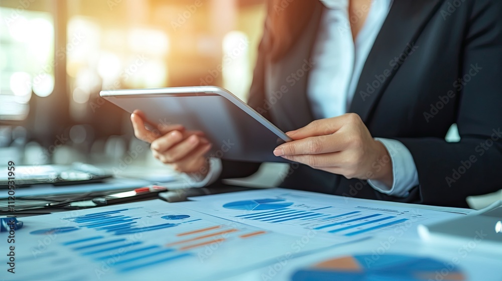 Businesswoman reviewing financial data on tablet. Businesswoman reviewing financial data on tablet.