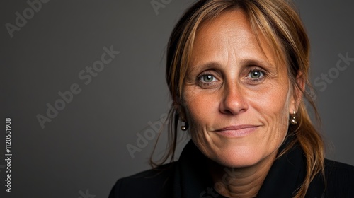 Middle-aged European woman with medium-length hair displays natural elegance with her gaze slightly off-camera, creating a captivating, introspective presence