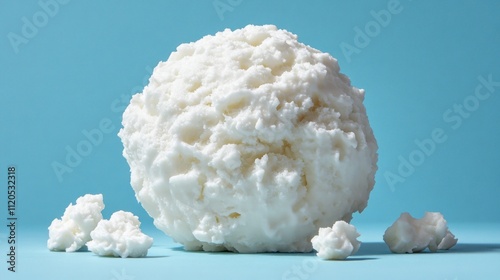 Close-up of a white, textured sphere and crumbs on a blue background.