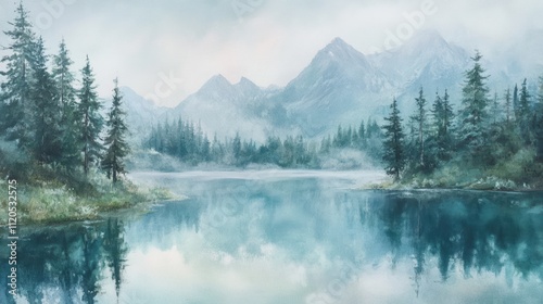 Misty mountain lake reflecting majestic peaks and evergreen trees in tranquil watercolor landscape