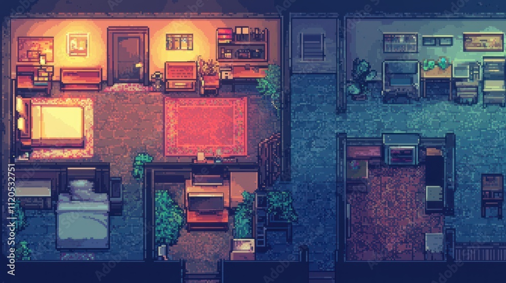 Cozy pixel-art interior with plants and warm lighting. Cozy pixel-art interior with plants and warm lighting.