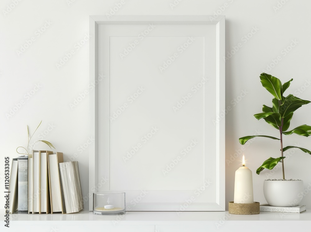 A white picture frame mockup on a shelf with a lit candle. a houseplant. books. and a glass bowl with a candle
