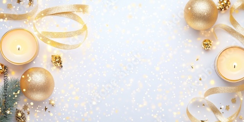 Festive Christmas decorations and glowing candles adorned with elegant gold ribbons on a pristine white backdrop