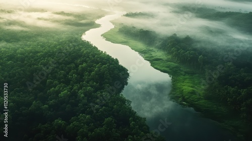 River winding through lush green forest at sunrise with fog