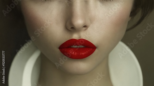 A close up of a woman's face with red lipstick. photo