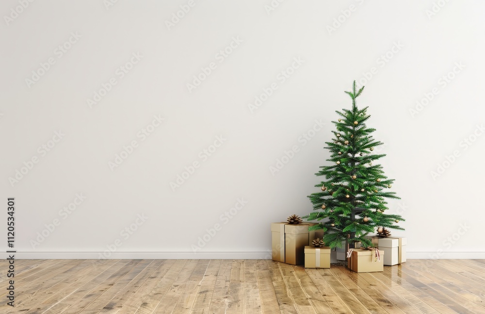 A decorated Christmas tree with presents sits in an empty room A decorated Christmas tree with presents sits in an empty room