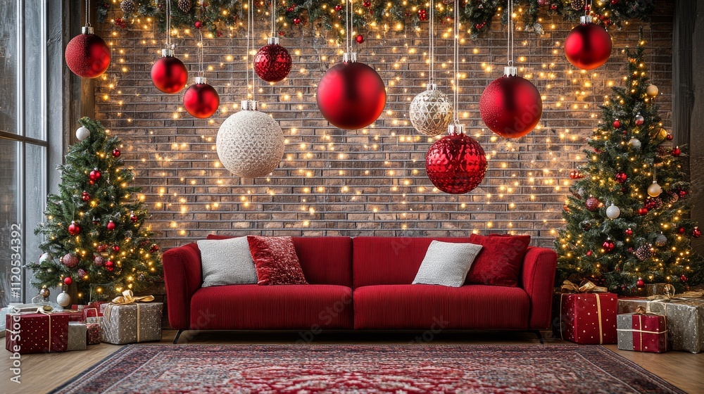 A cozy red couch adorned with festive Christmas decorations and colorful presents, set against a charming brick wall backdrop. A cozy red couch adorned with festive Christmas decorations and colorful presents, set against a charming brick wall backdrop.