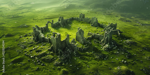 A bird's-eye view of castle ruins scattered across a grassy plain photo