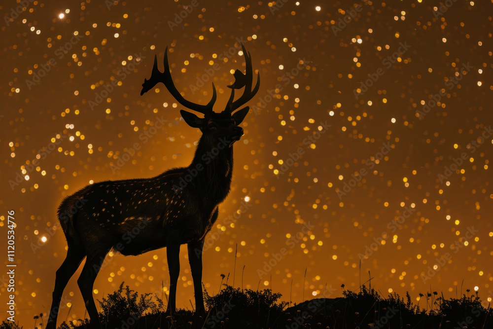 A bold silhouette of a noble deer under a glowing moonlit sky, with stars scattered in the background A bold silhouette of a noble deer under a glowing moonlit sky, with stars scattered in the background
