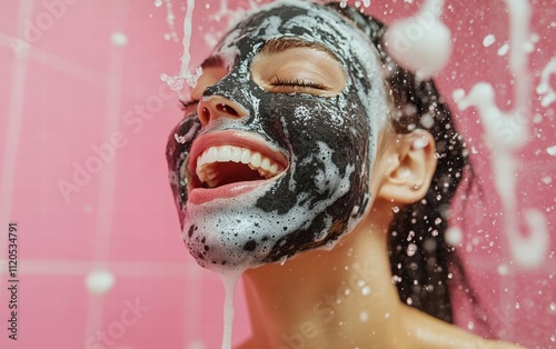 A playful woman with a bubbling charcoal mask forming foam on her skin, with tiny splashes of the bubbling product, set in a vibrant bathroom setting photo