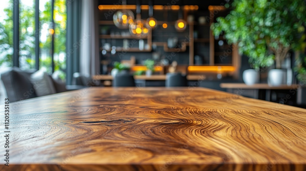 Close-up of a polished, rich-toned wooden table in a modern, stylish interior. The background is softly blurred, showing a kitchen and living area with natural light. Close-up of a polished, rich-toned wooden table in a modern, stylish interior. The background is softly blurred, showing a kitchen and living area with natural light.