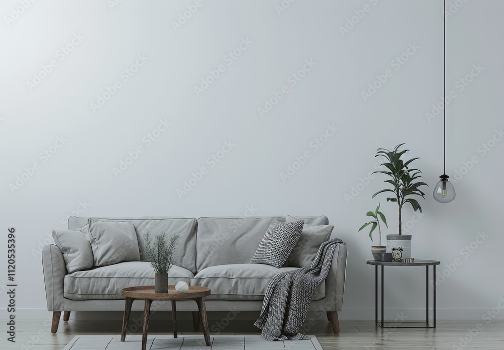Minimalist living room interior with a grey sofa. a coffee table. a plant. and a pendant lamp against a white wall Minimalist living room interior with a grey sofa. a coffee table. a plant. and a pendant lamp against a white wall